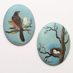 Vintage Hand Painted Robin Bird Nest Art Chalkware Oval Wall Plaque Set Signed